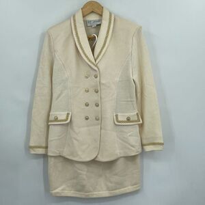 St John Collection Cream Santana Knitted Tweed Suit Set Blazer Skirt Size Small